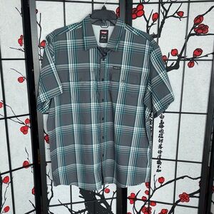 XL Wrangler Mens Vented New Blue Gray Plaid Button Down Dress Short Sleeve Shirt